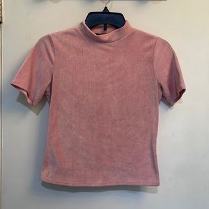 Pink velour mock neck tee! Sits right at the pants line! Dress it up or down!